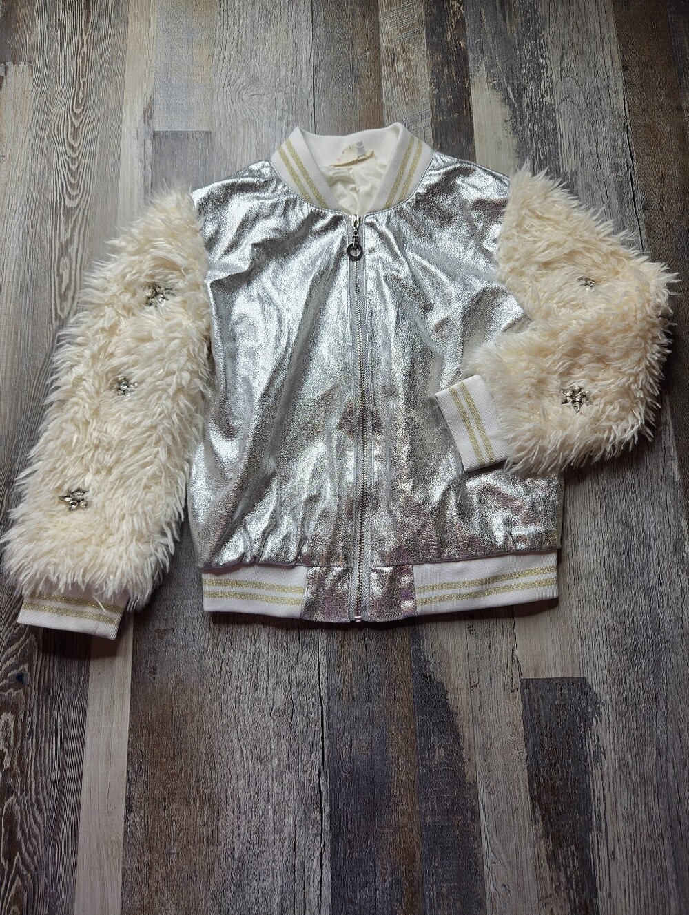 Hannah Banana Faux Fur Bomber Jacket Girls 6 Rhinestones Full Zip